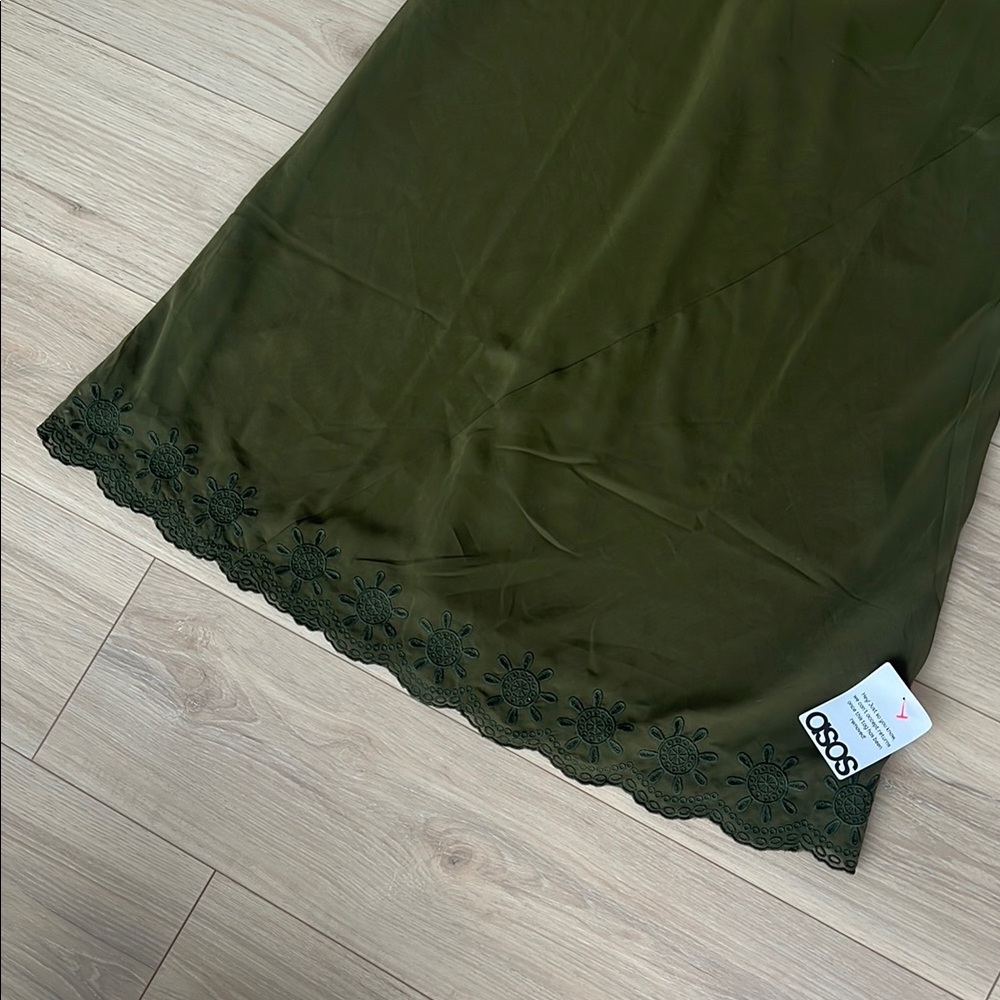 ASOS DESIGN embroidered cuff and hem maxi dress in khaki - Picture 6 of 15